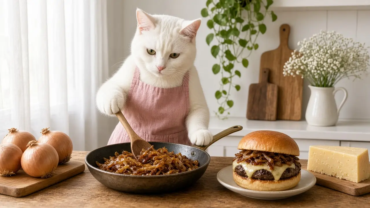 A cream-coloured cat in a pink apron, cooking this dish