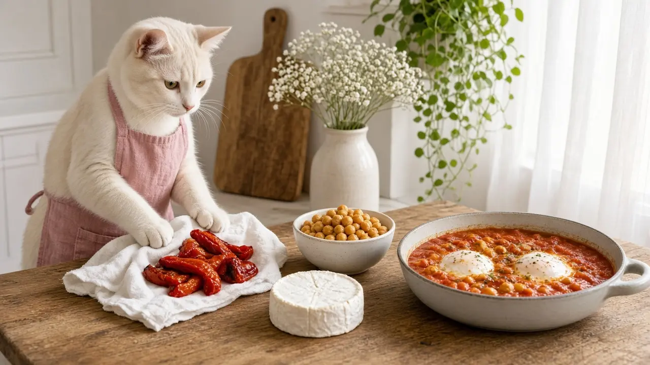 A cream-coloured cat in a pink apron, cooking this dish