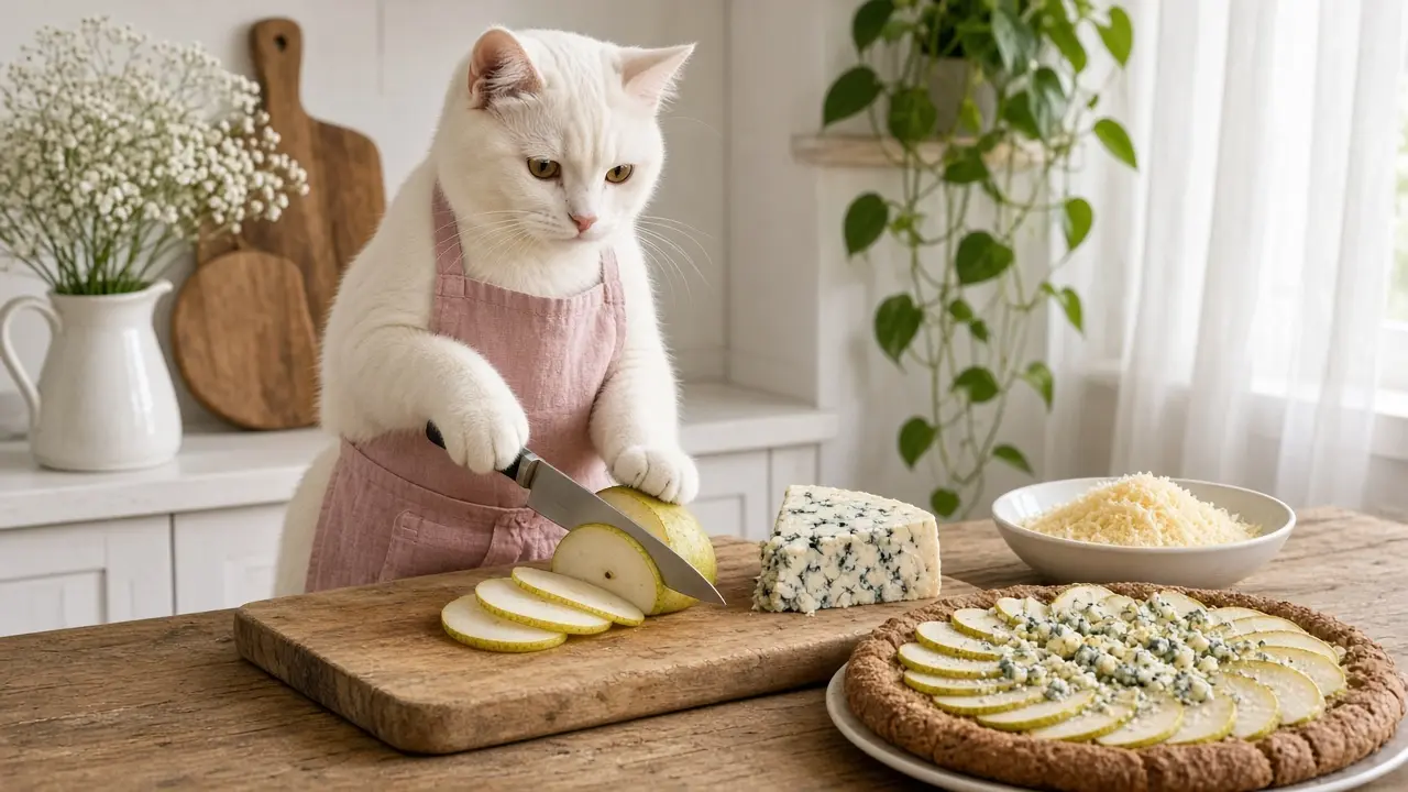 A cream-coloured cat in a pink apron, cooking this dish
