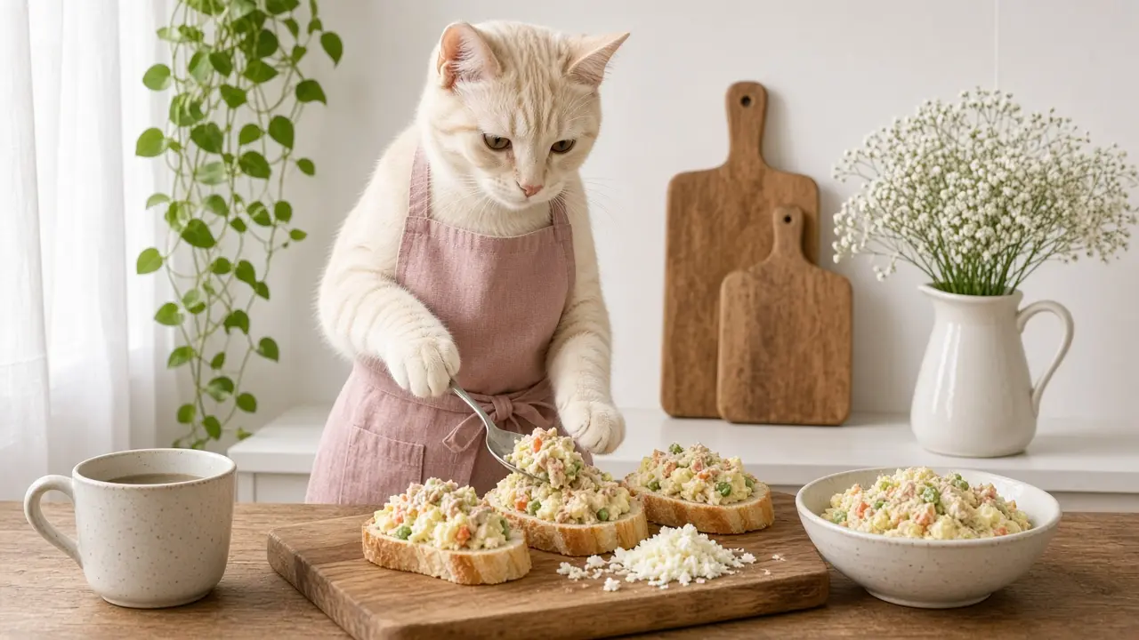 A cream-coloured cat in a pink apron, cooking this dish