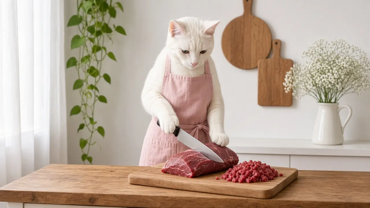 A cream-coloured cat in a pink apron, cooking this dish