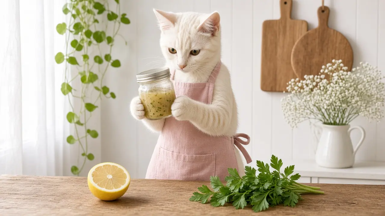 A cream-coloured cat in a pink apron, cooking this dish
