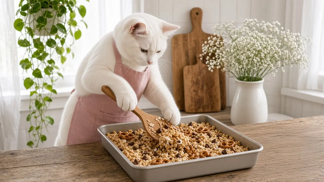 A cream-coloured cat in a pink apron, cooking this dish