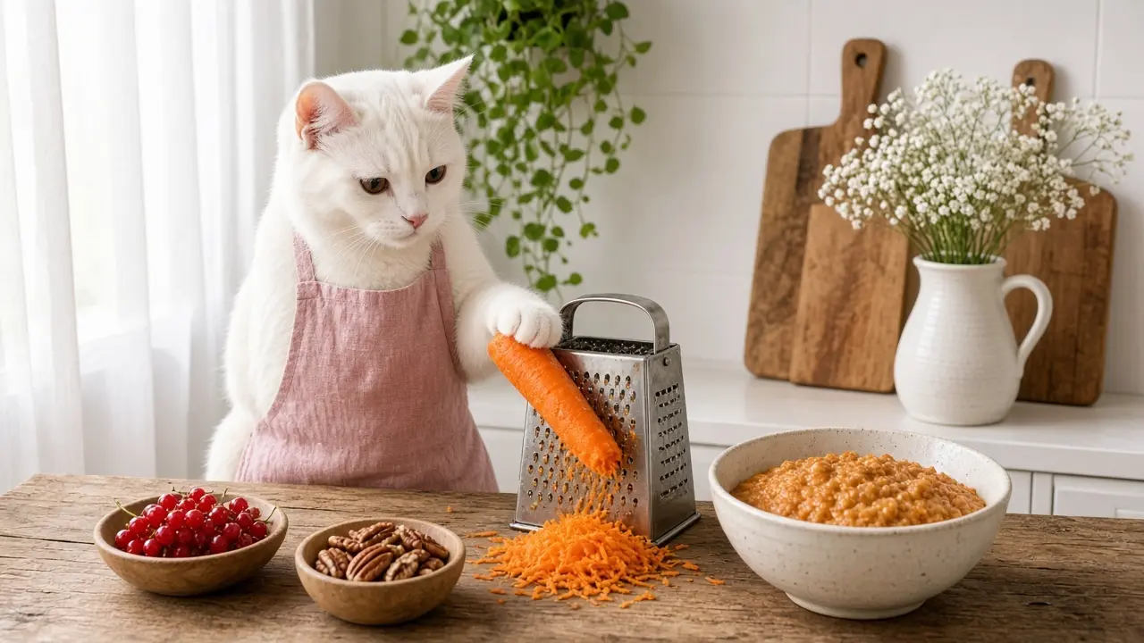 A cream-coloured cat in a pink apron, cooking this dish