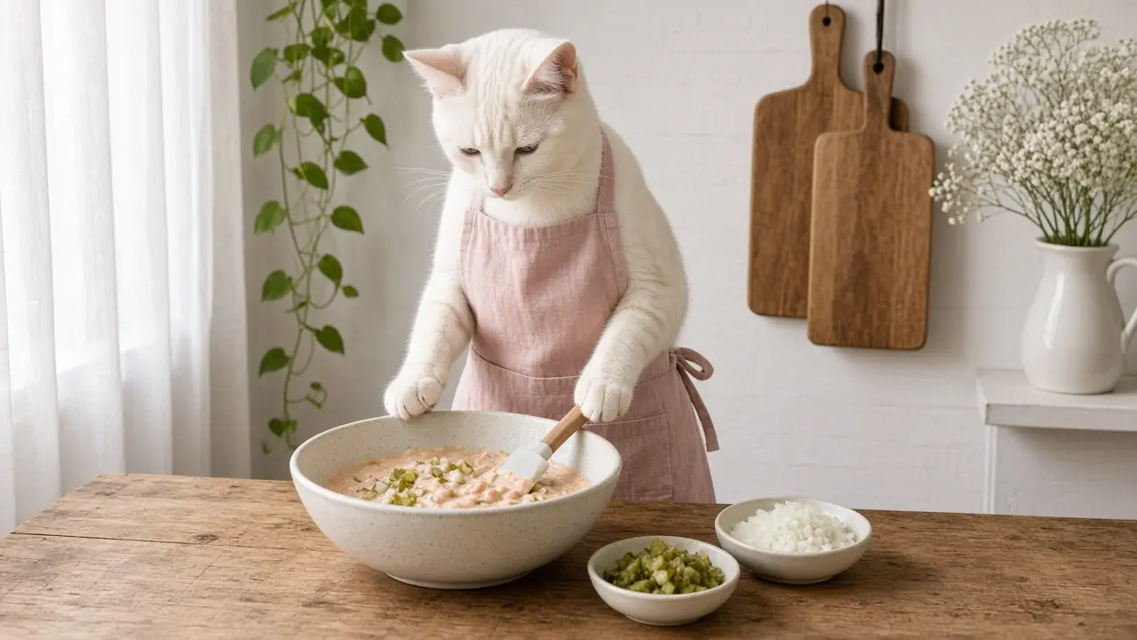 A cream-coloured cat in a pink apron, cooking this dish