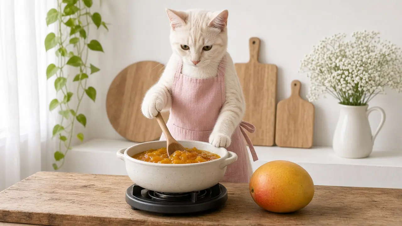 A cream-coloured cat in a pink apron, cooking this dish