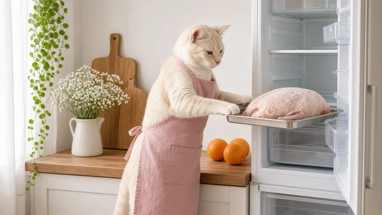A cream-coloured cat in a pink apron, cooking this dish