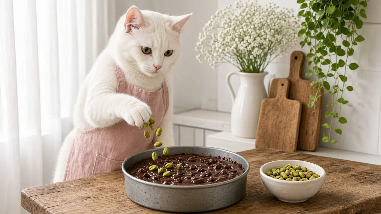 A cream-coloured cat in a pink apron, cooking this dish