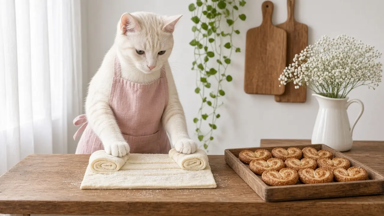 A cream-coloured cat in a pink apron, cooking this dish