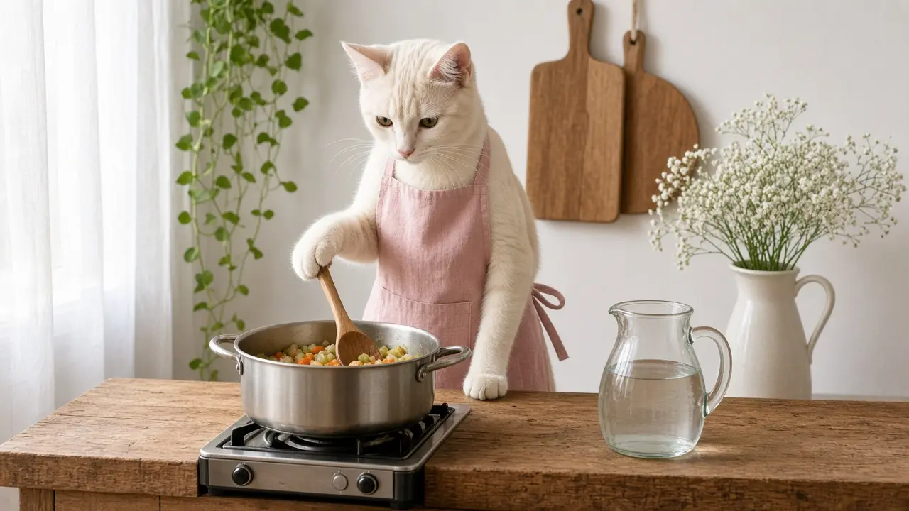 A cream-coloured cat in a pink apron, cooking this dish