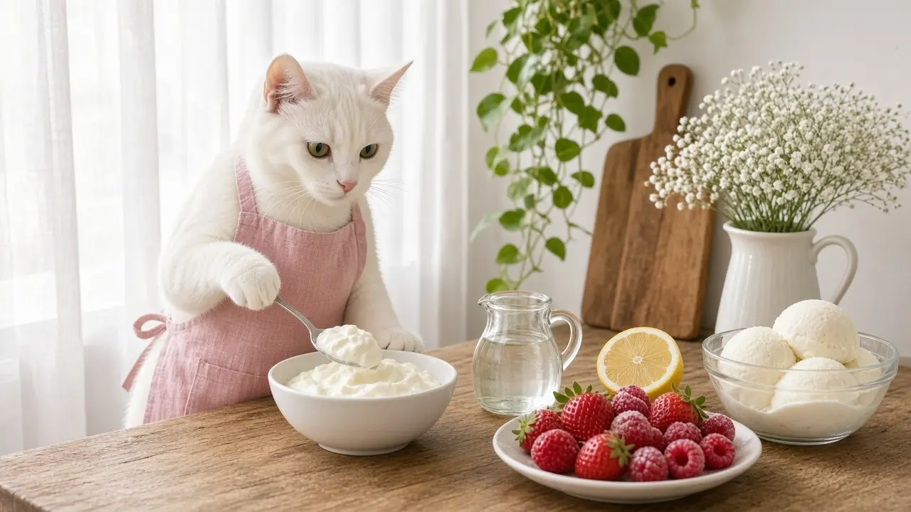 A cream-coloured cat in a pink apron, cooking this dish