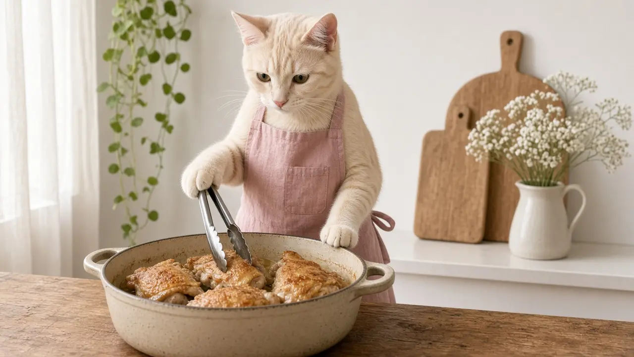 A cream-coloured cat in a pink apron, cooking this dish