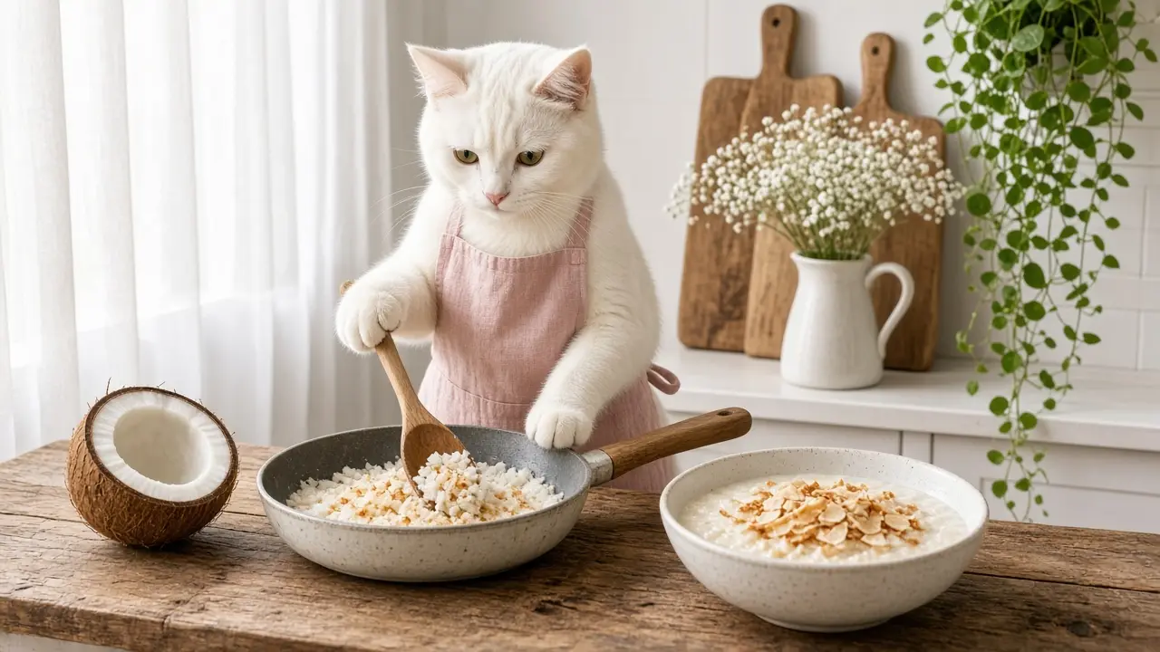 A cream-coloured cat in a pink apron, cooking this dish