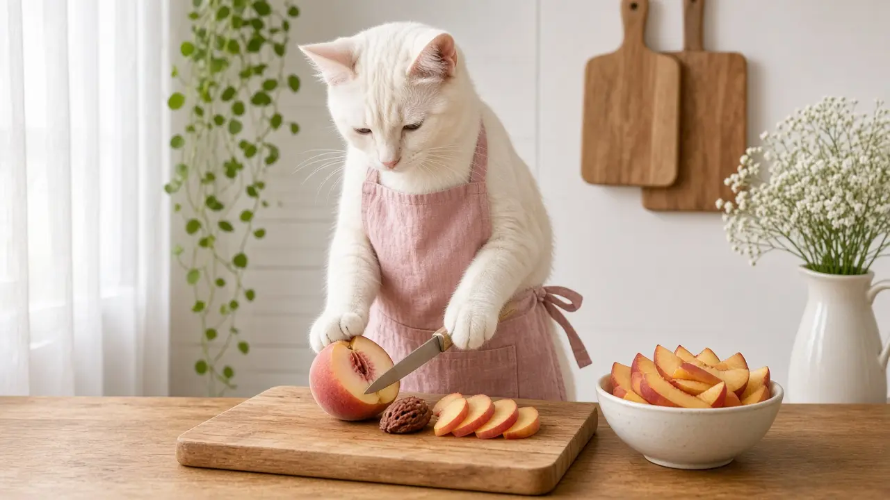 A cream-coloured cat in a pink apron, cooking this dish