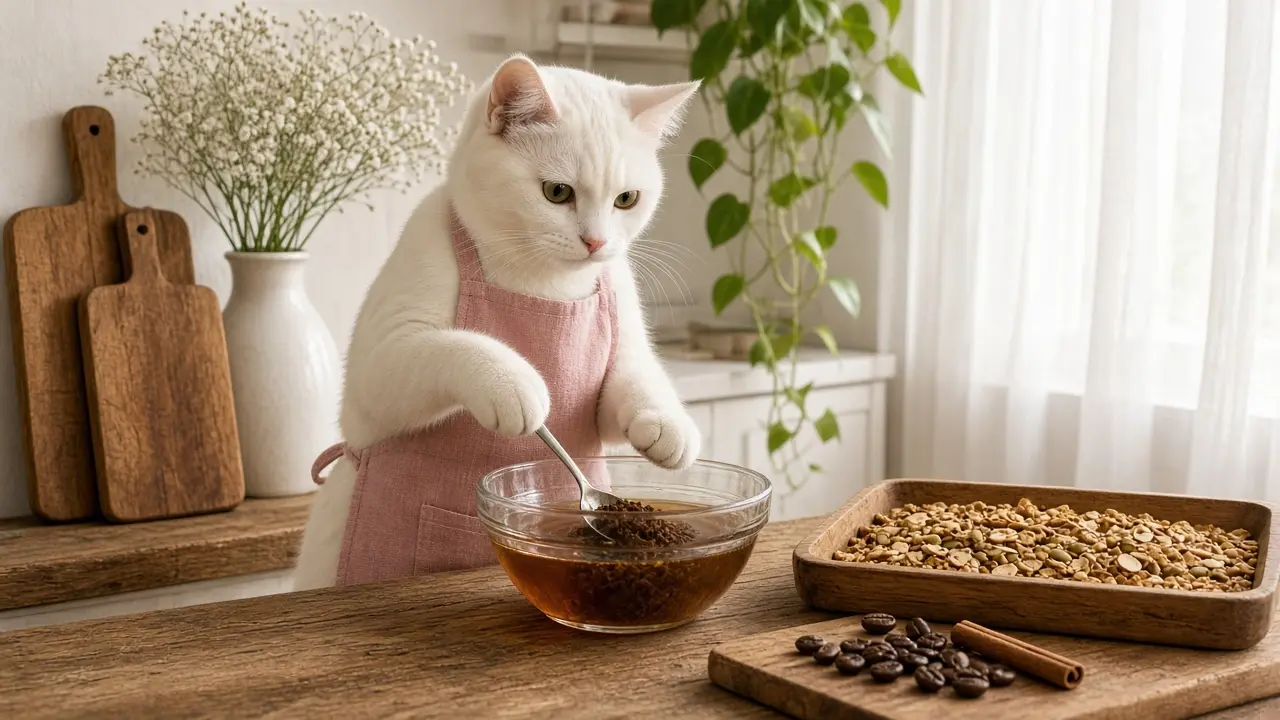 A cream-coloured cat in a pink apron, cooking this dish