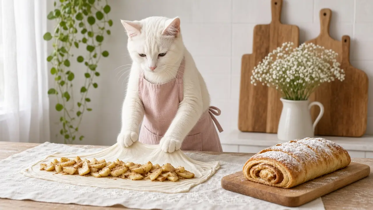 A cream-coloured cat in a pink apron, cooking this dish