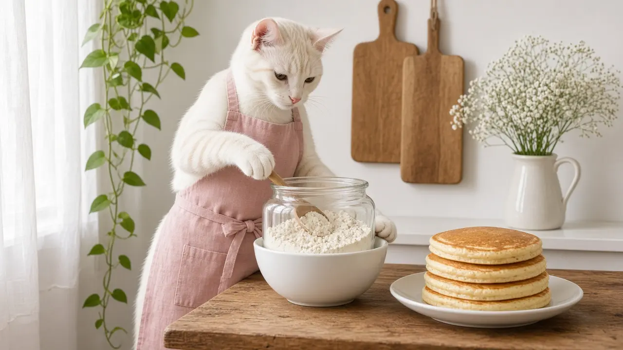 A cream-coloured cat in a pink apron, cooking this dish