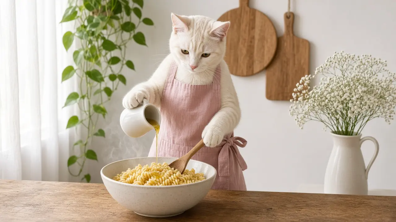 A cream-coloured cat in a pink apron, cooking this dish