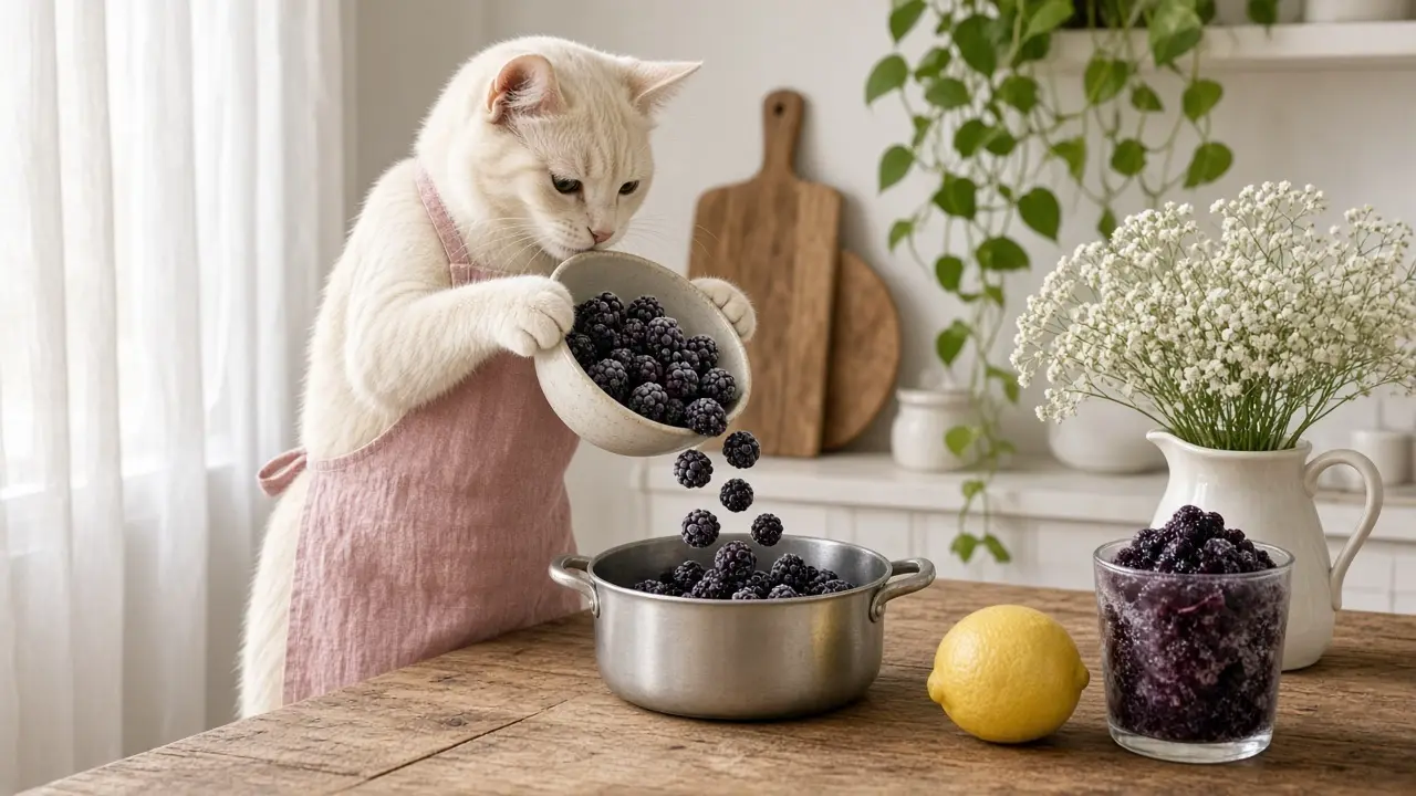 A cream-coloured cat in a pink apron, cooking this dish