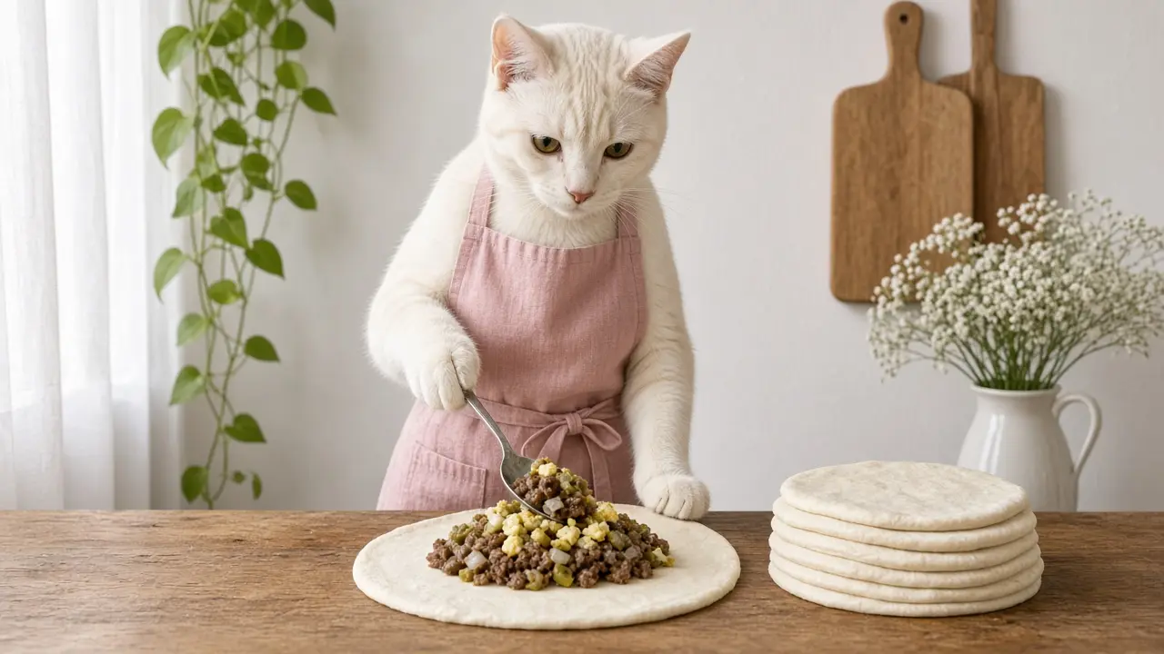 A cream-coloured cat in a pink apron, cooking this dish