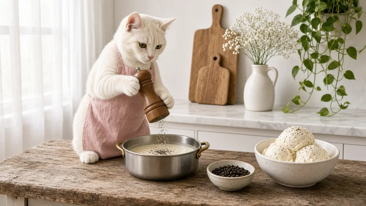 A cream-coloured cat in a pink apron, cooking this dish