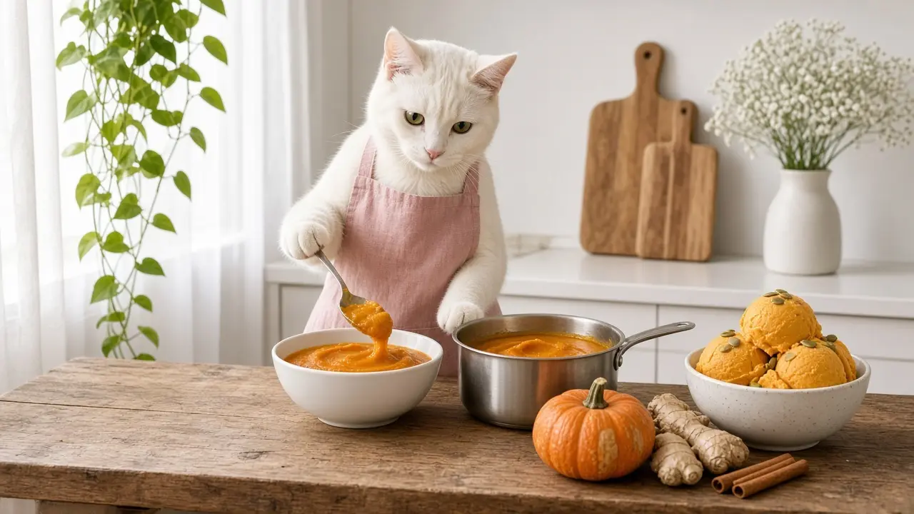 A cream-coloured cat in a pink apron, cooking this dish