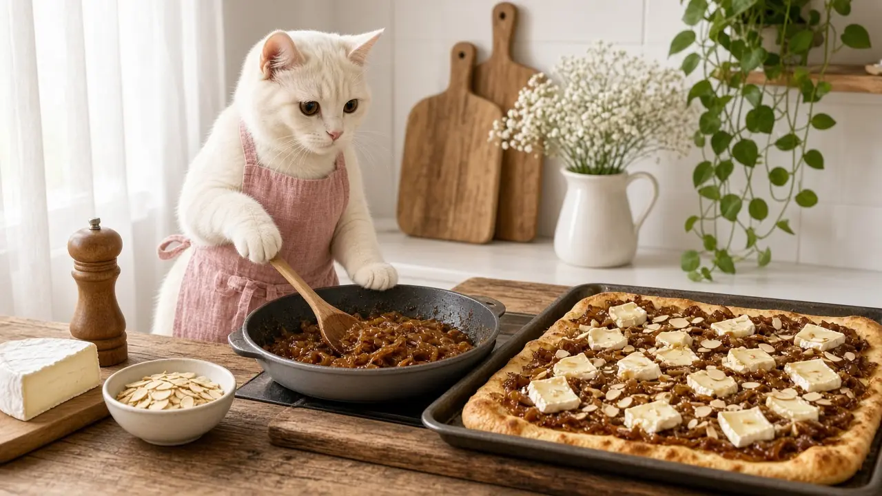 A cream-coloured cat in a pink apron, cooking this dish