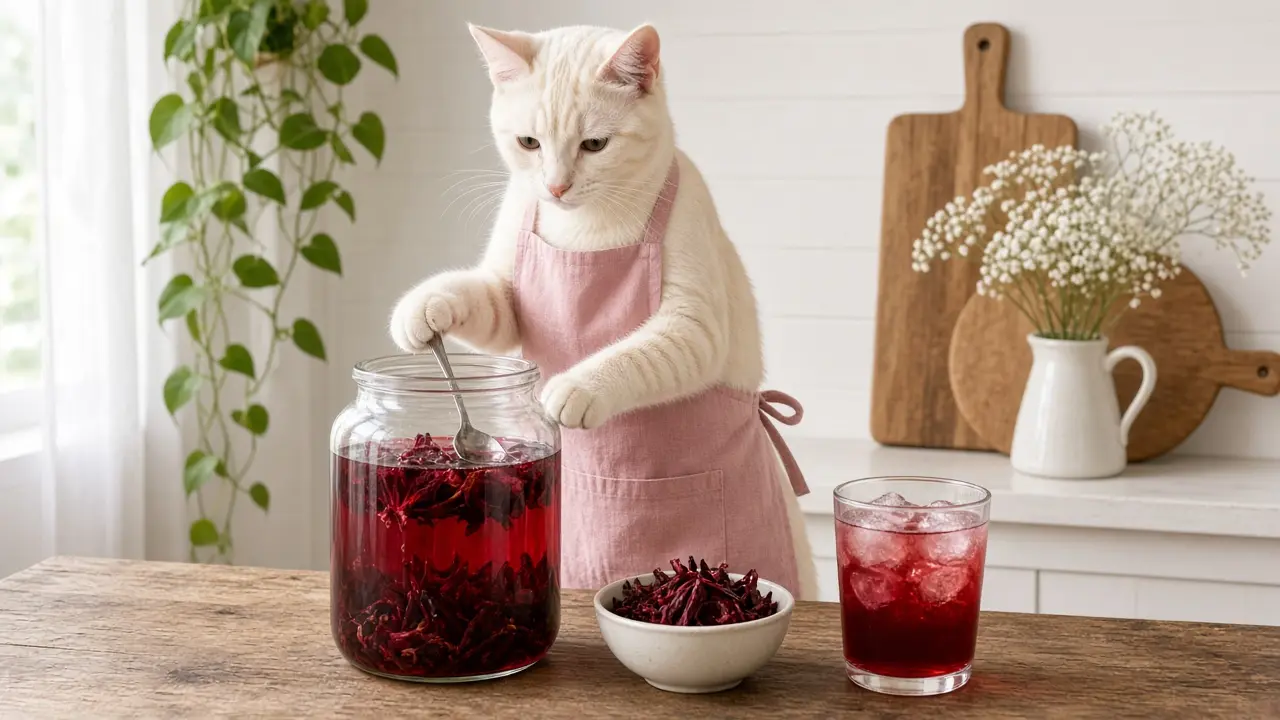 A cream-coloured cat in a pink apron, cooking this dish