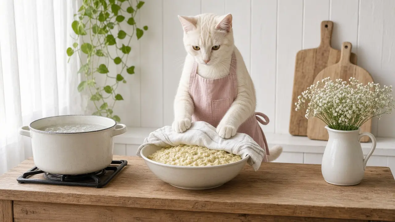A cream-coloured cat in a pink apron, cooking this dish