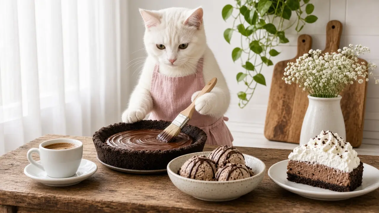 A cream-coloured cat in a pink apron, cooking this dish