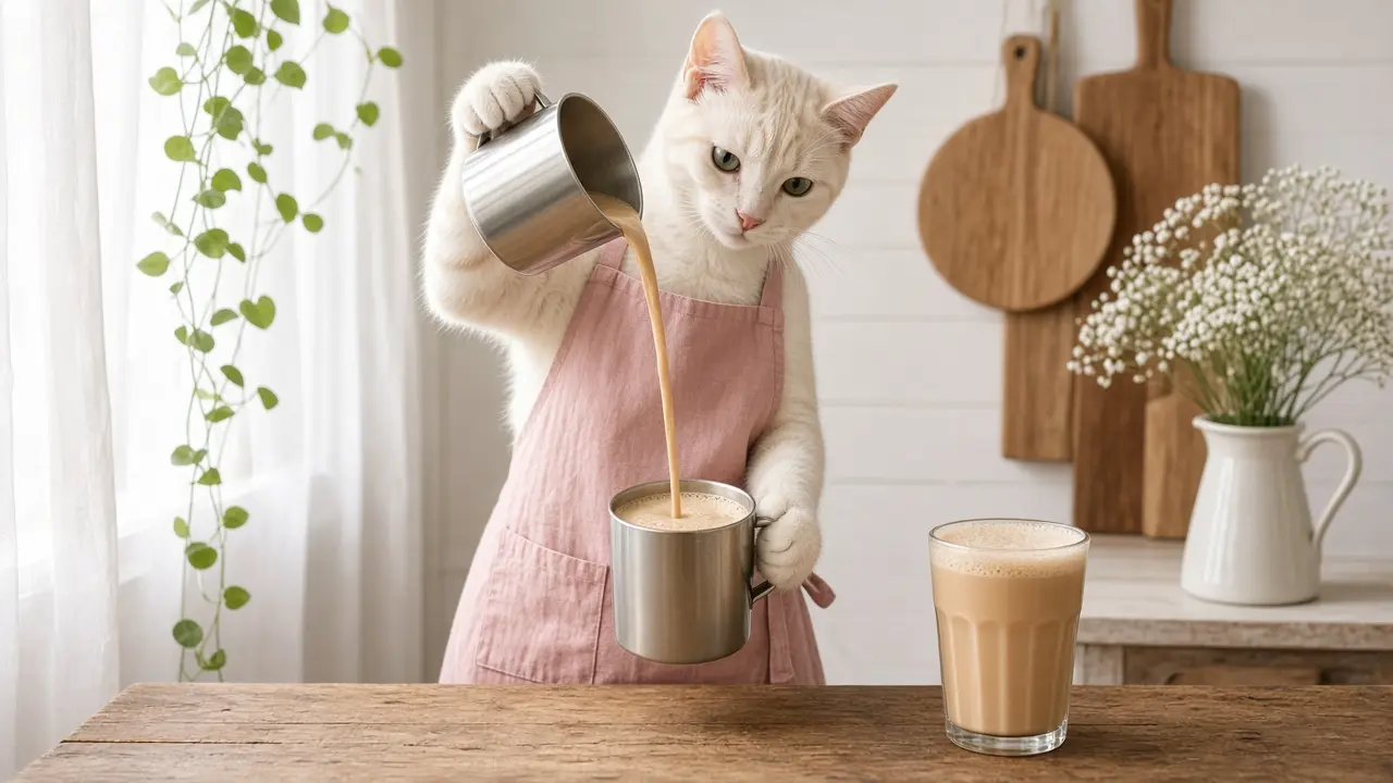 A cream-coloured cat in a pink apron, cooking this dish