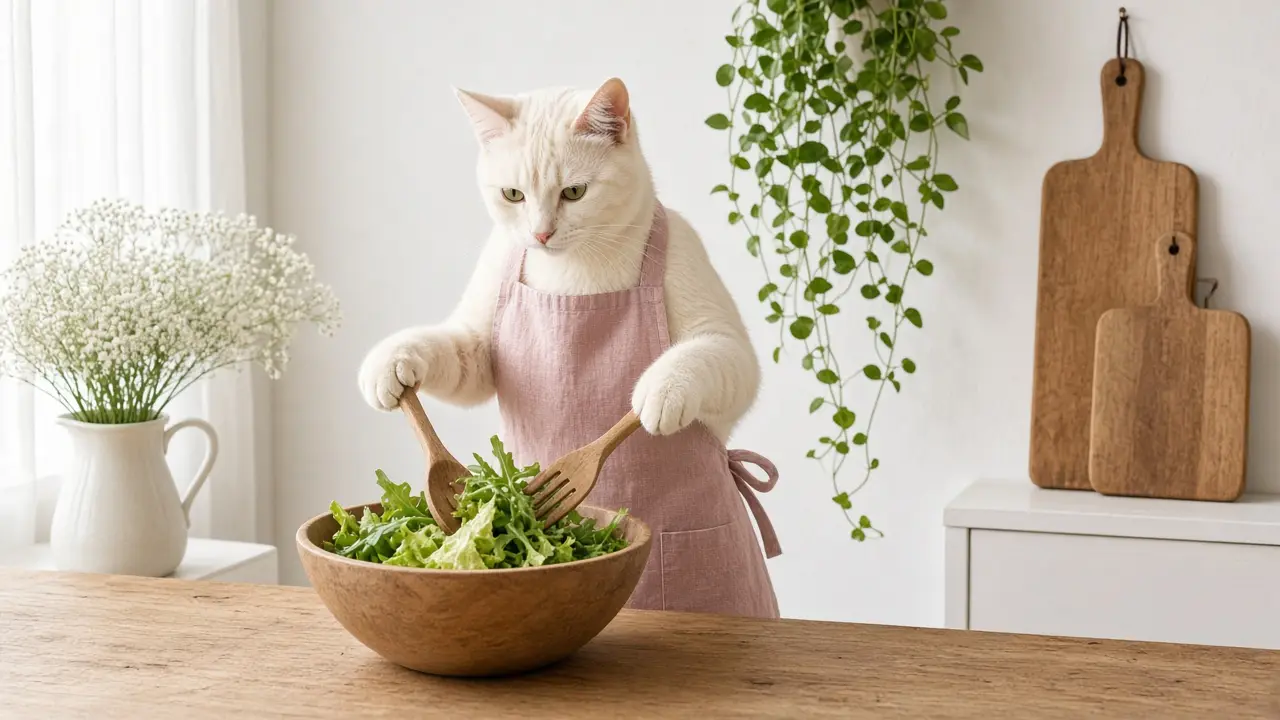 A cream-coloured cat in a pink apron, cooking this dish