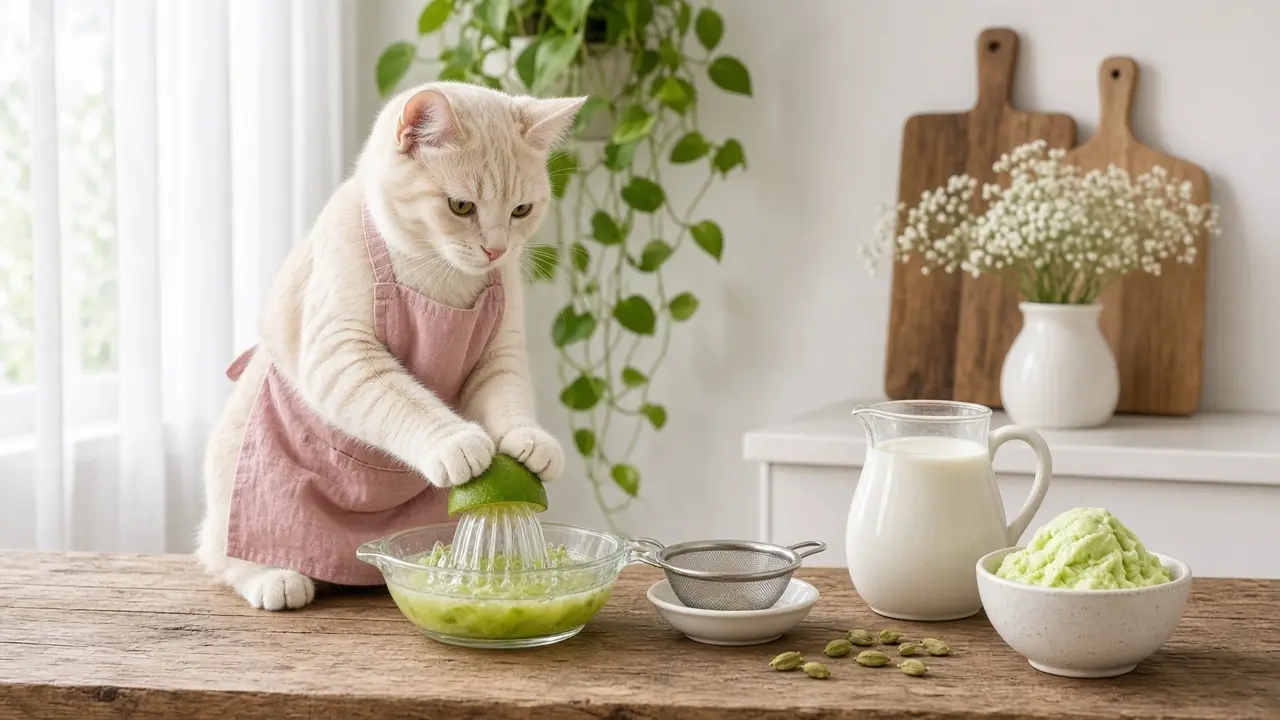 A cream-coloured cat in a pink apron, cooking this dish