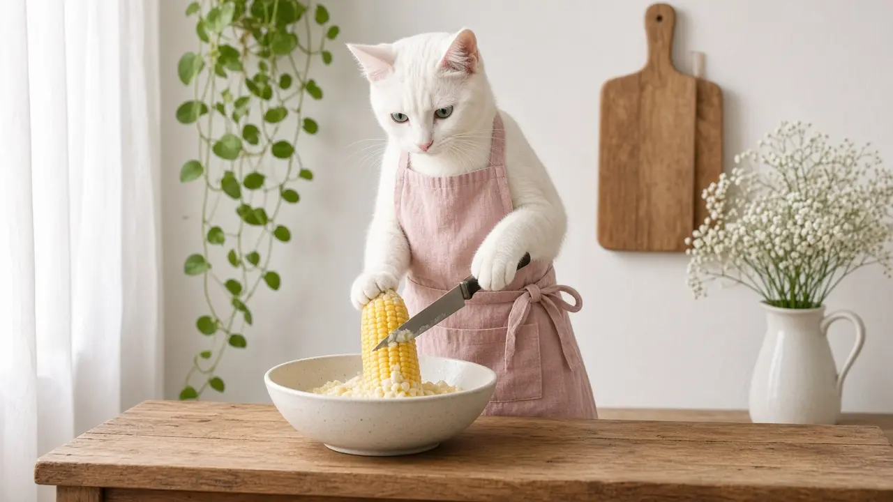 A cream-coloured cat in a pink apron, cooking this dish