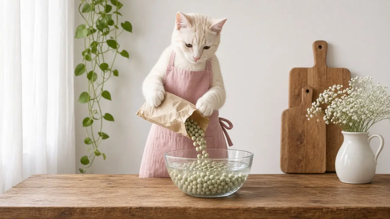 A cream-coloured cat in a pink apron, cooking this dish