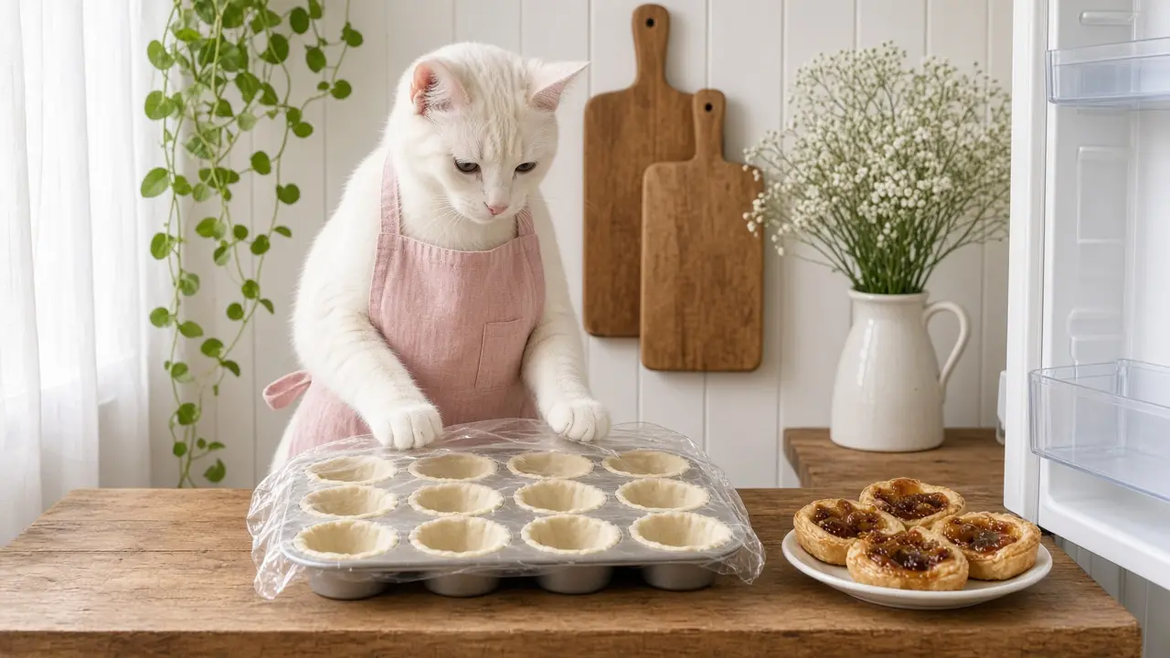 A cream-coloured cat in a pink apron, cooking this dish