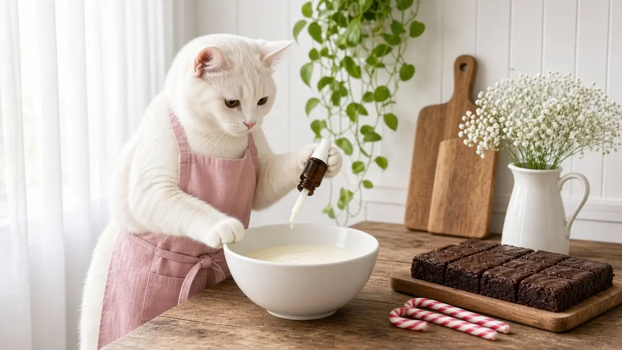 A cream-coloured cat in a pink apron, cooking this dish