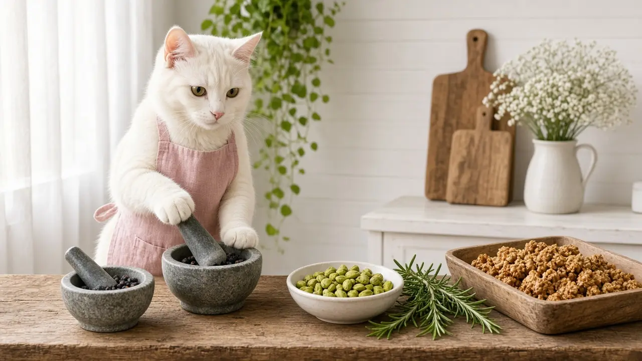 A cream-coloured cat in a pink apron, cooking this dish