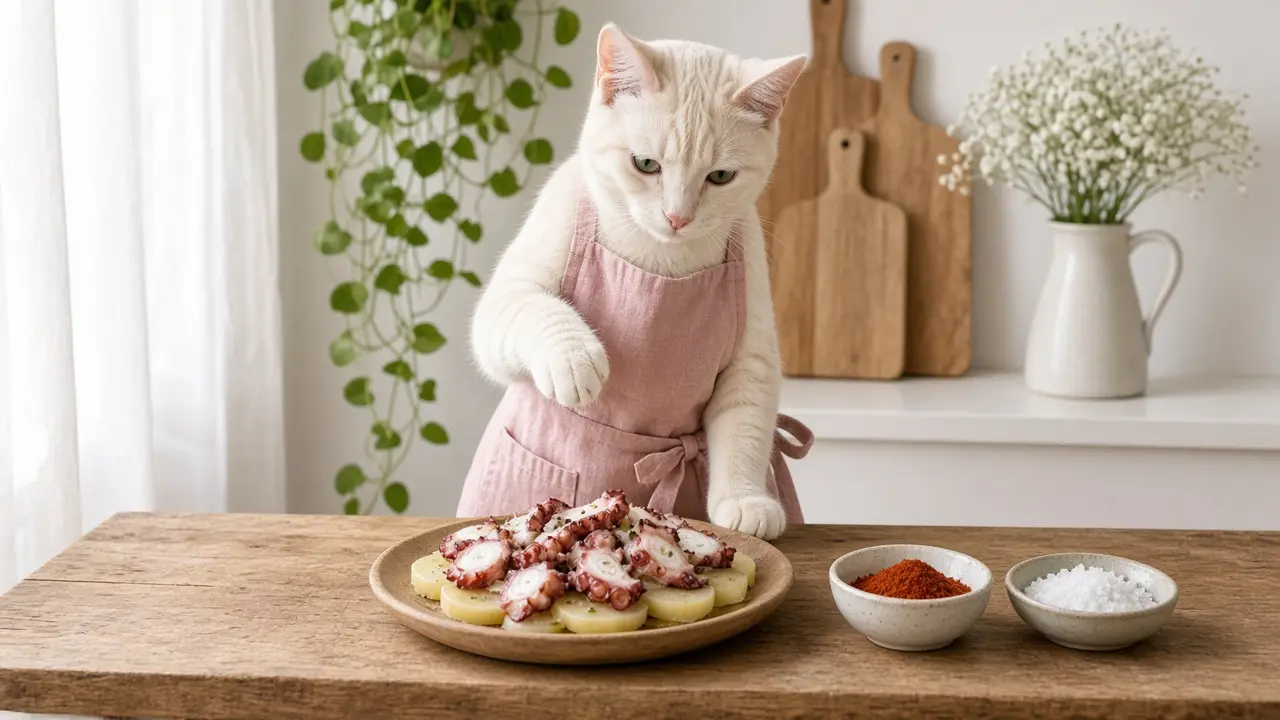 A cream-coloured cat in a pink apron, cooking this dish