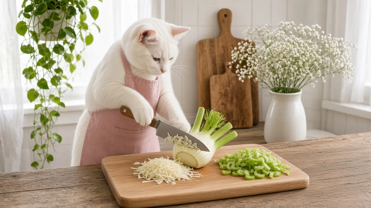 A cream-coloured cat in a pink apron, cooking this dish
