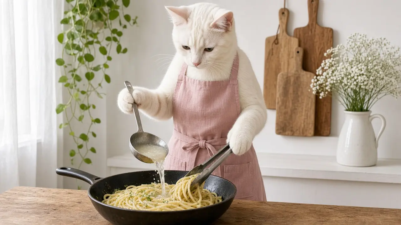 A cream-coloured cat in a pink apron, cooking this dish