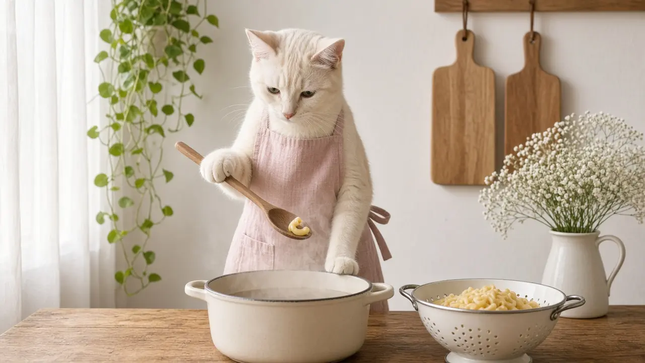 A cream-coloured cat in a pink apron, cooking this dish