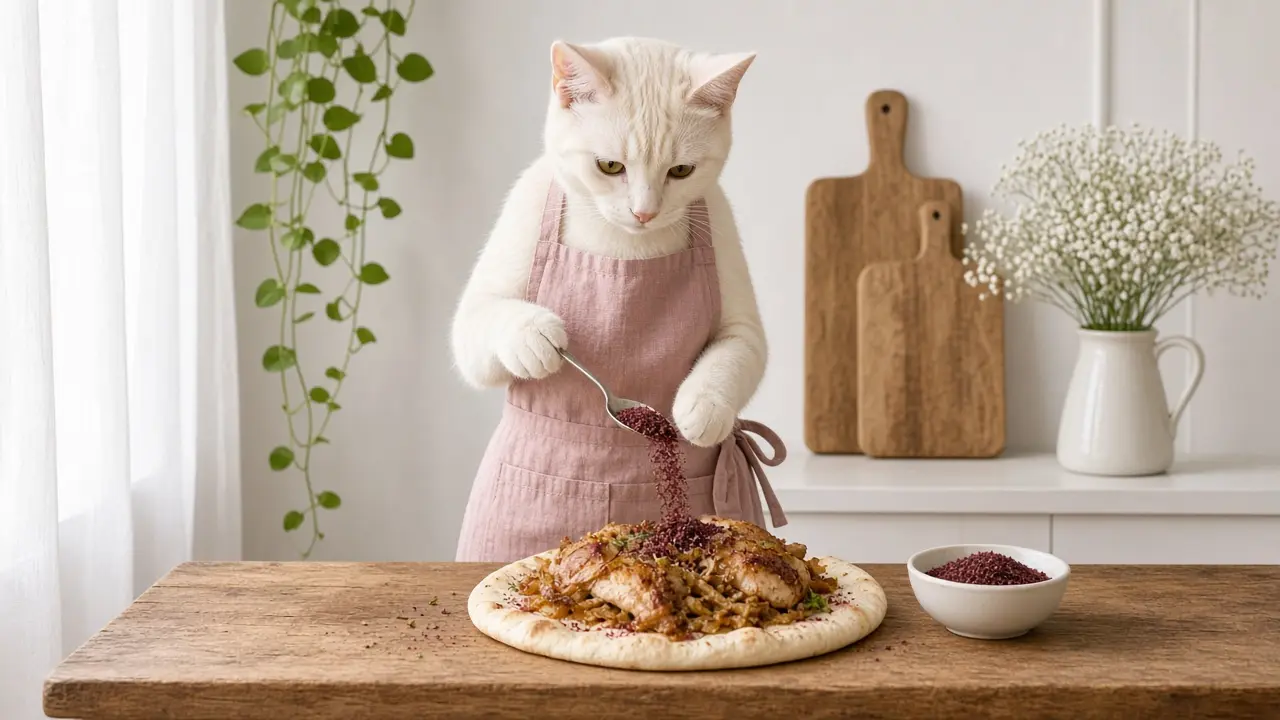 A cream-coloured cat in a pink apron, cooking this dish