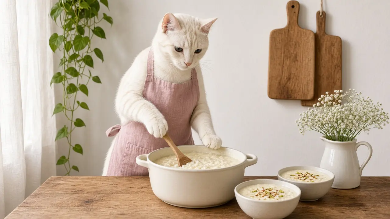 A cream-coloured cat in a pink apron, cooking this dish