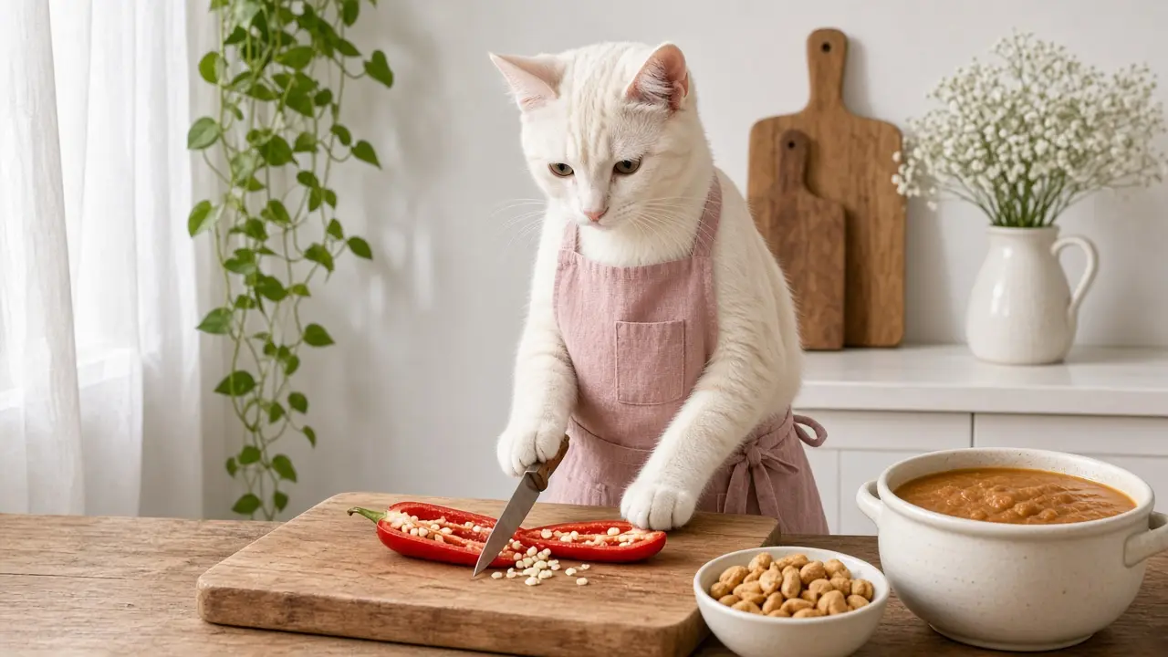 A cream-coloured cat in a pink apron, cooking this dish