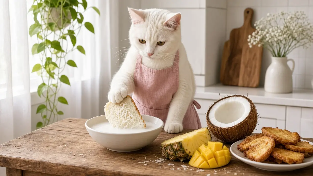 A cream-coloured cat in a pink apron, cooking this dish