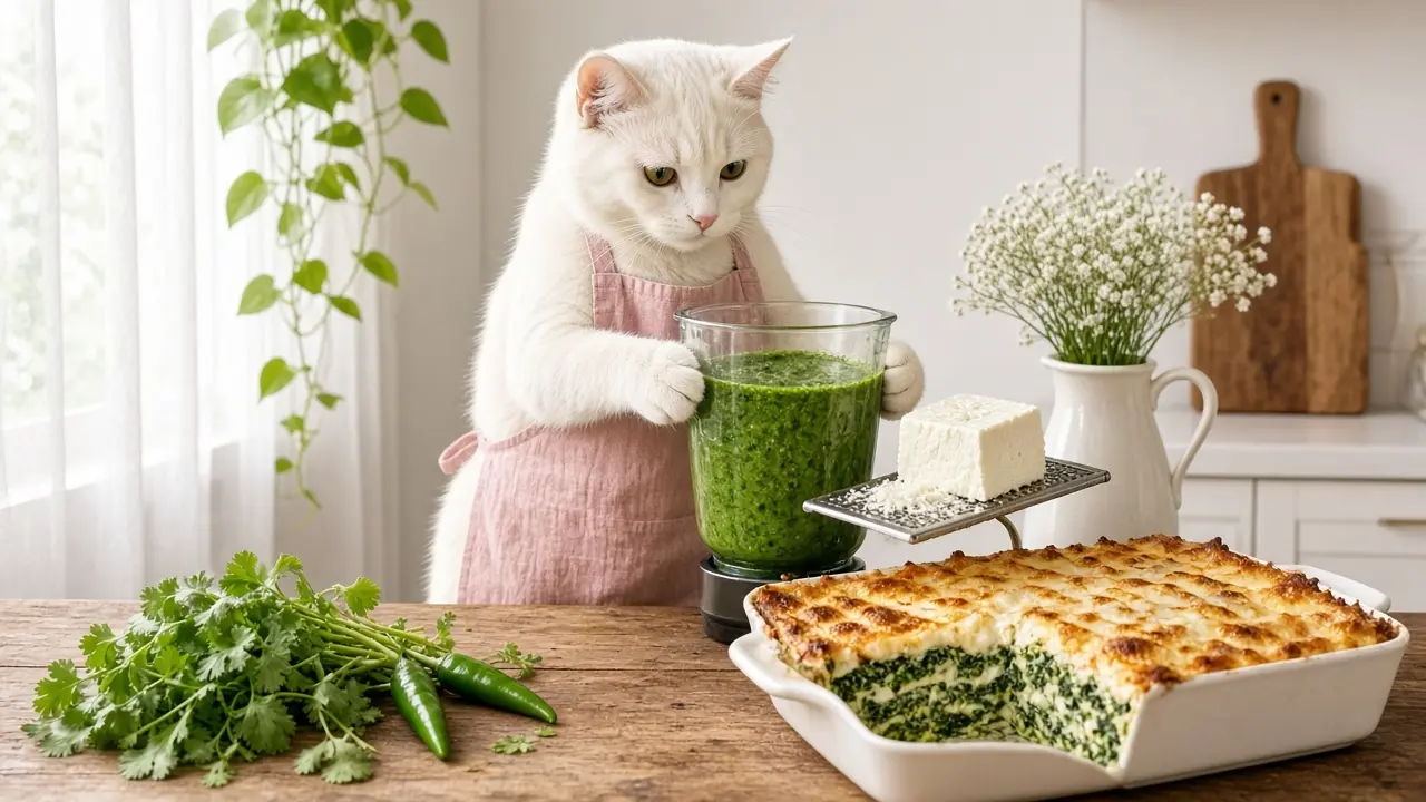 A cream-coloured cat in a pink apron, cooking this dish