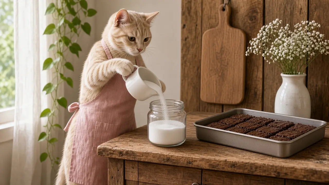 A cream-coloured cat in a pink apron, cooking this dish