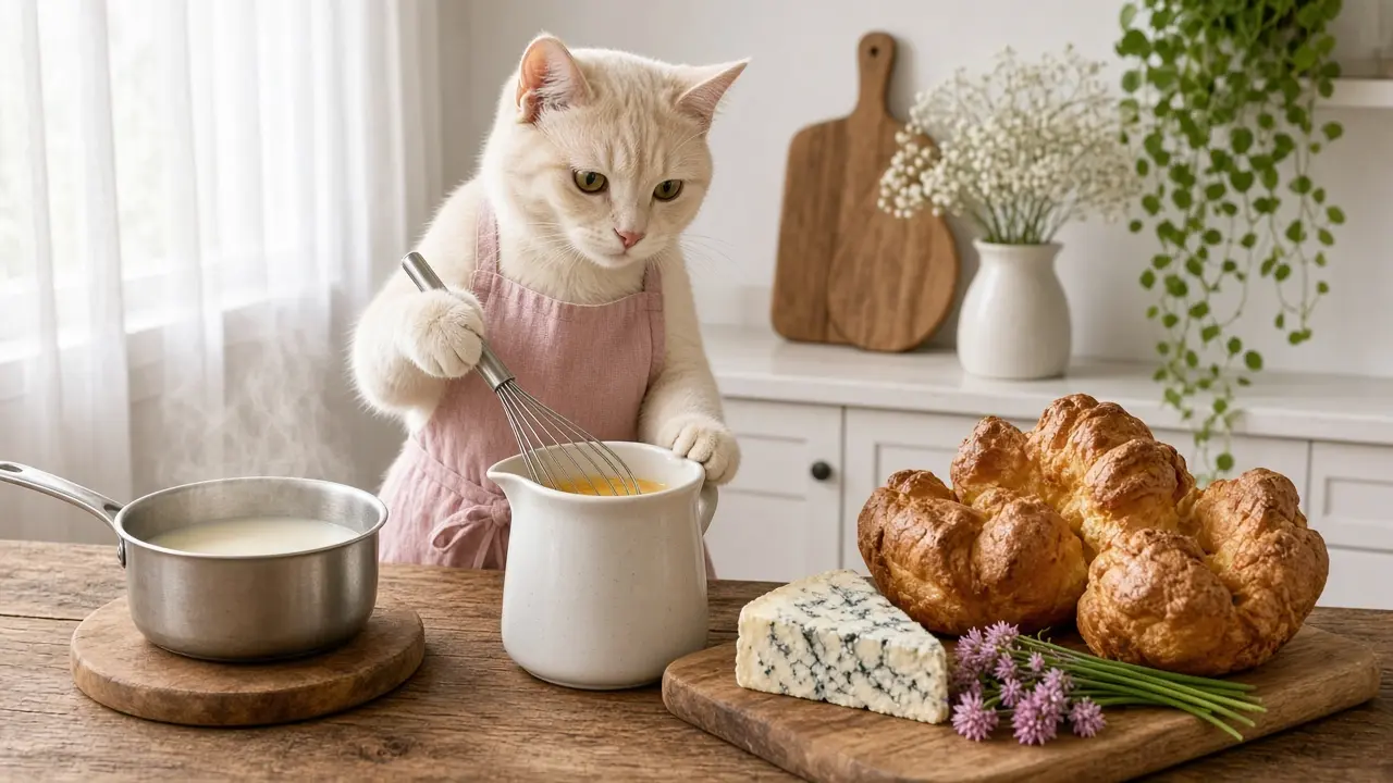 A cream-coloured cat in a pink apron, cooking this dish