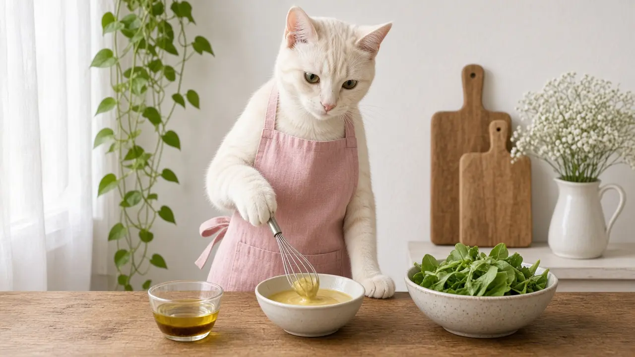 A cream-coloured cat in a pink apron, cooking this dish